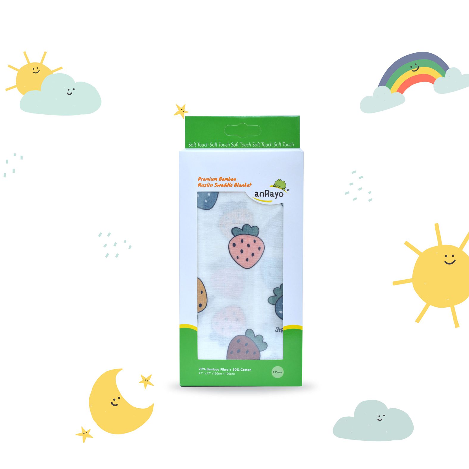 Muslin Swaddle Blanket (70% Bamboo+30% Cotton)_Colorful Strawberry - Image 3